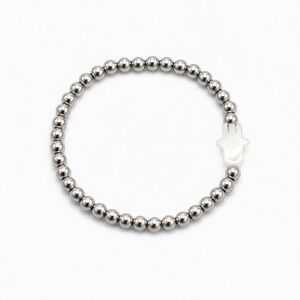 Marlyn Schiff Silver Beaded Stretch Bracelet with White Hamsa Charm